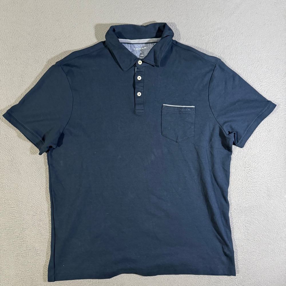 Tahari XL Men's Navy‎ Blue Polo Shirt Short Sleeve Pocket Casual Cotton